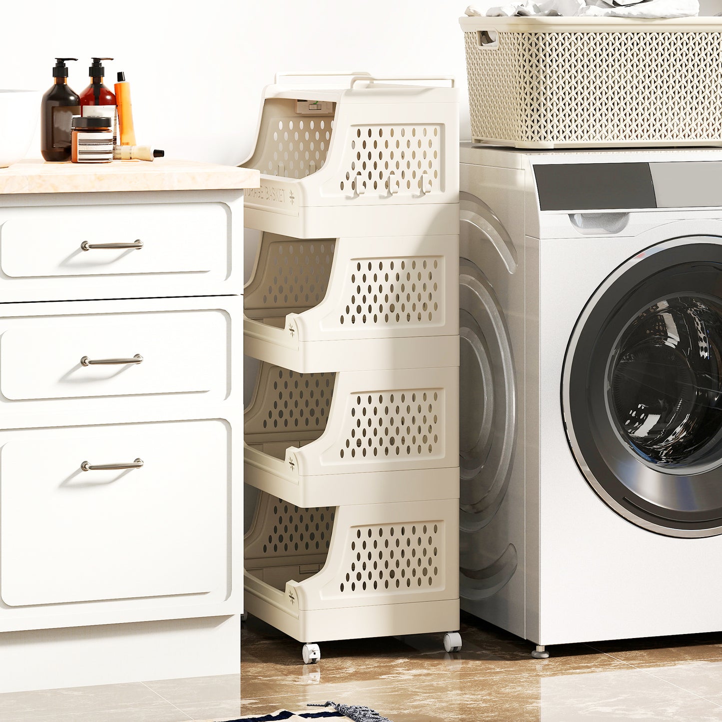 5-Tier Rolling Laundry Basket with Wheels Plastic Storage Cart with Side Hooks, Beige Laundry Baskets at Gallery Canada