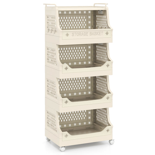 5-Tier Rolling Laundry Basket With Wheels, Plastic Storage Cart, Beige