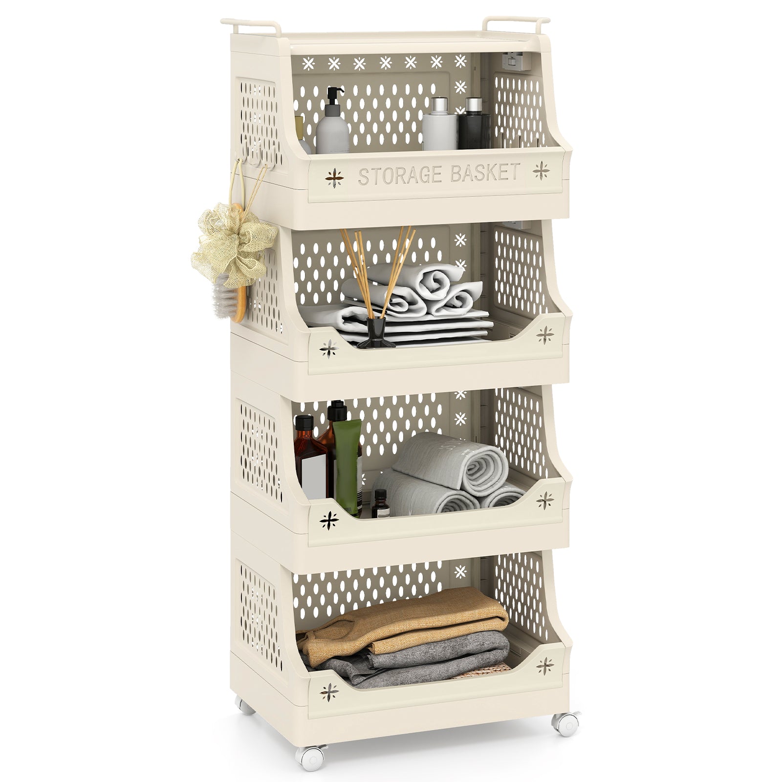 5-Tier Rolling Laundry Basket with Wheels Plastic Storage Cart with Side Hooks, Beige Laundry Baskets at Gallery Canada