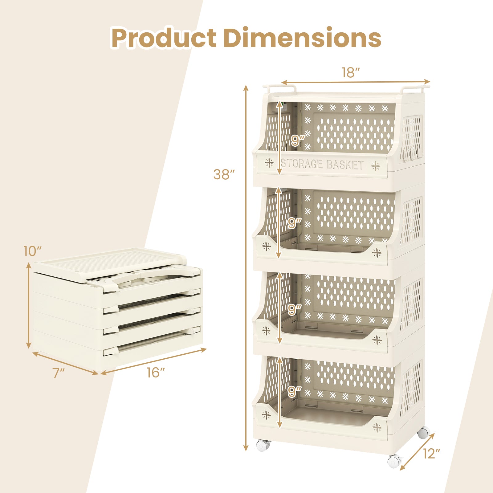 5-Tier Rolling Laundry Basket with Wheels Plastic Storage Cart with Side Hooks, Beige Laundry Baskets at Gallery Canada