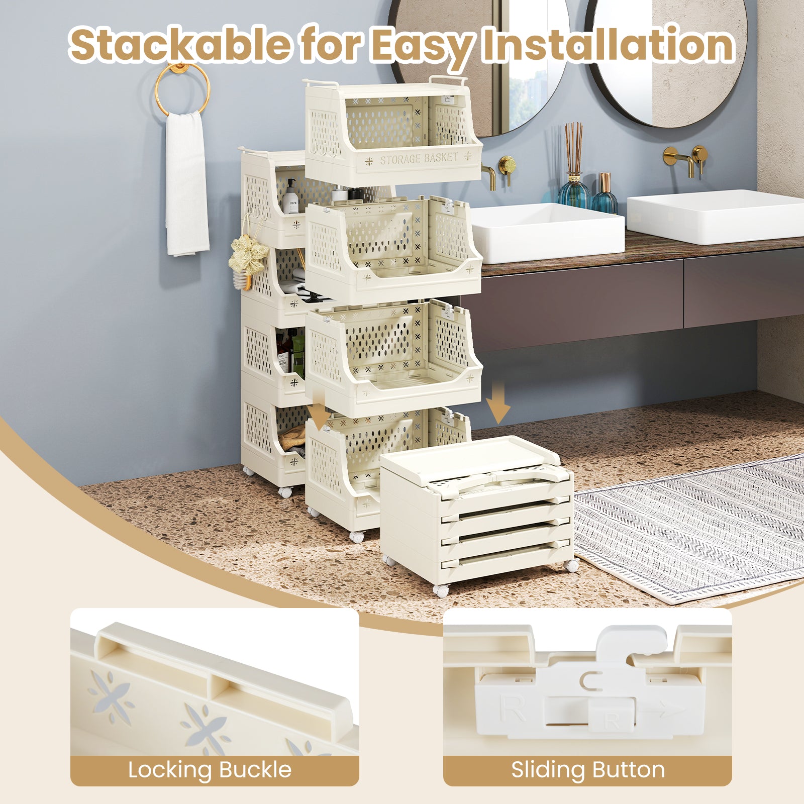 5-Tier Rolling Laundry Basket with Wheels Plastic Storage Cart with Side Hooks, Beige Laundry Baskets at Gallery Canada
