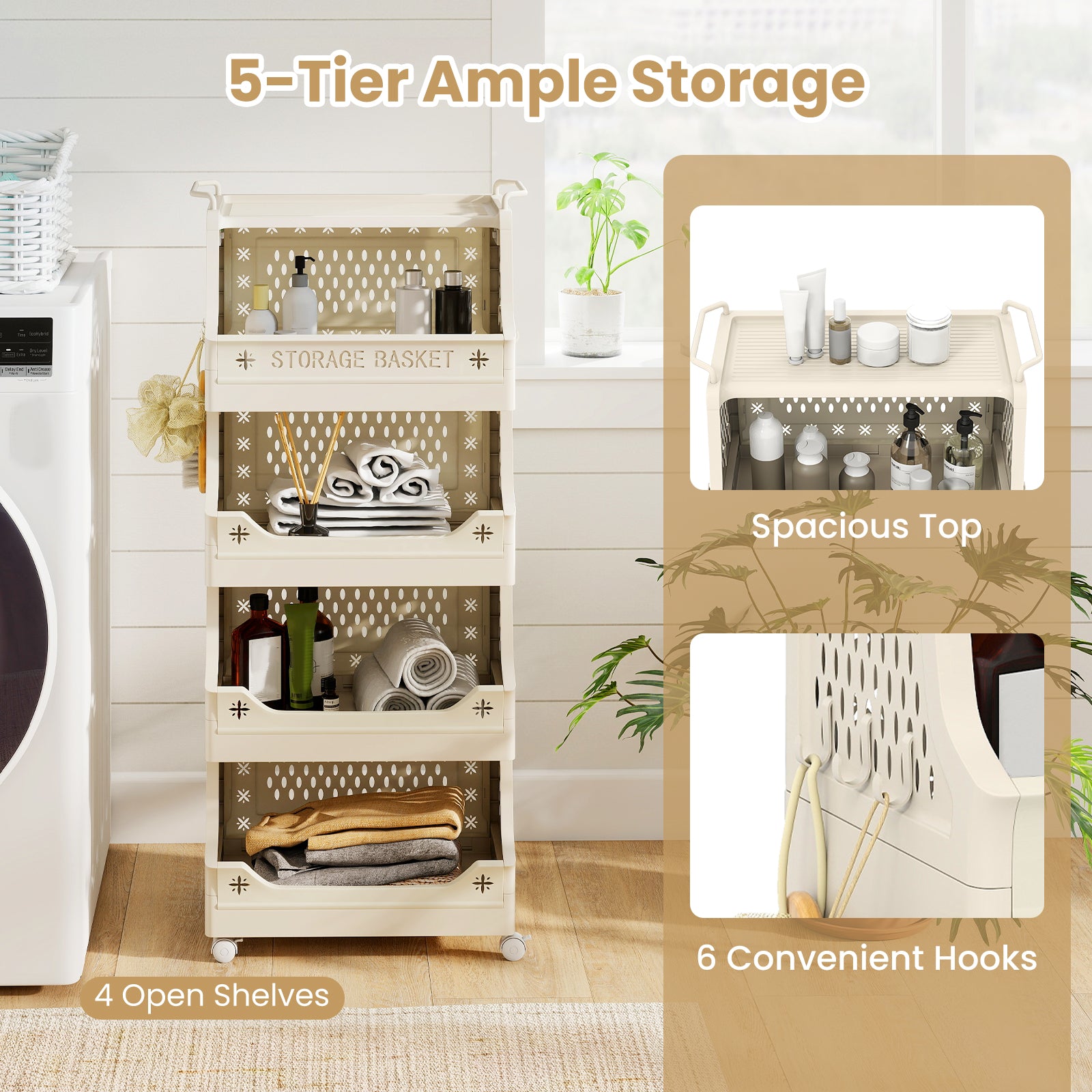 5-Tier Rolling Laundry Basket with Wheels Plastic Storage Cart with Side Hooks, Beige Laundry Baskets at Gallery Canada
