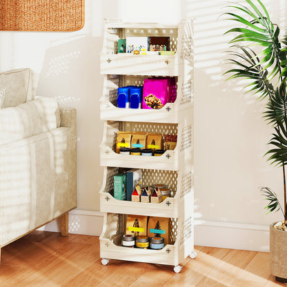 6-Tier Rolling Laundry Basket with Wheels Plastic Storage Cart with Side Hooks, Beige Laundry Baskets at Gallery Canada