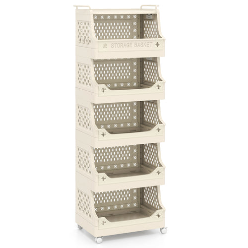 6-Tier Rolling Laundry Basket, Plastic Storage Cart With Wheels, Beige
