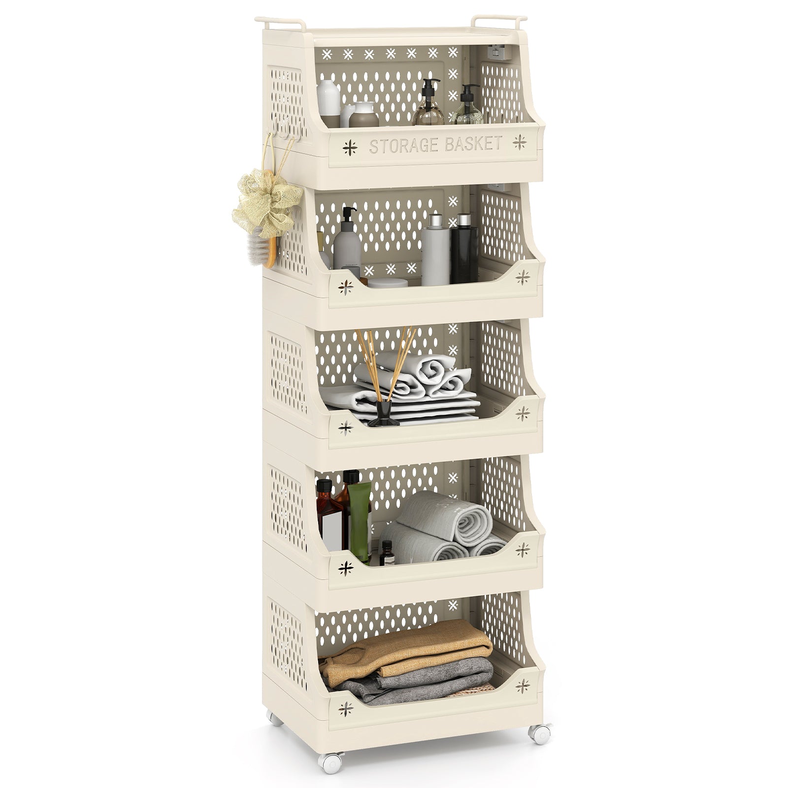 6-Tier Rolling Laundry Basket with Wheels Plastic Storage Cart with Side Hooks, Beige Laundry Baskets at Gallery Canada