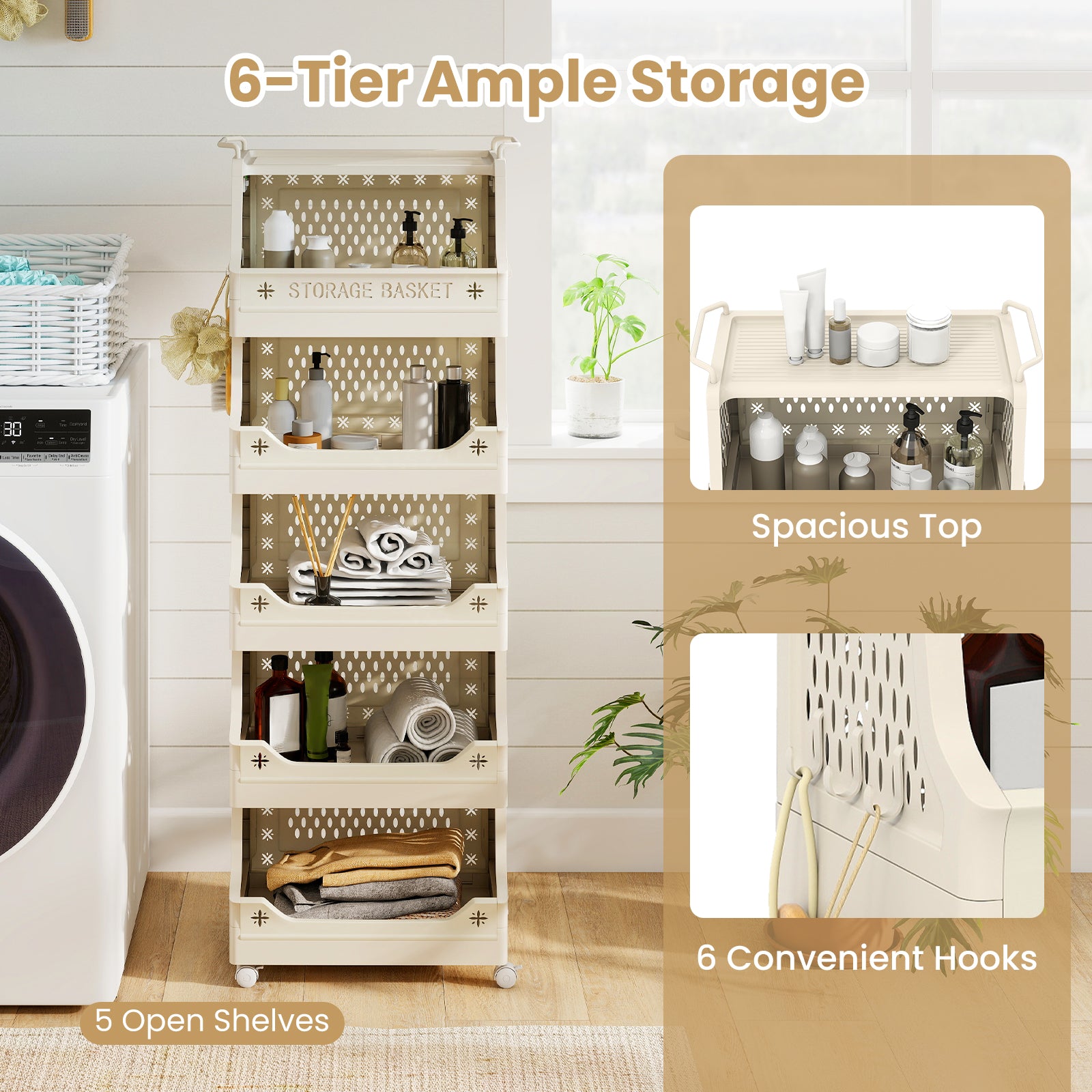 6-Tier Rolling Laundry Basket with Wheels Plastic Storage Cart with Side Hooks, Beige Laundry Baskets at Gallery Canada
