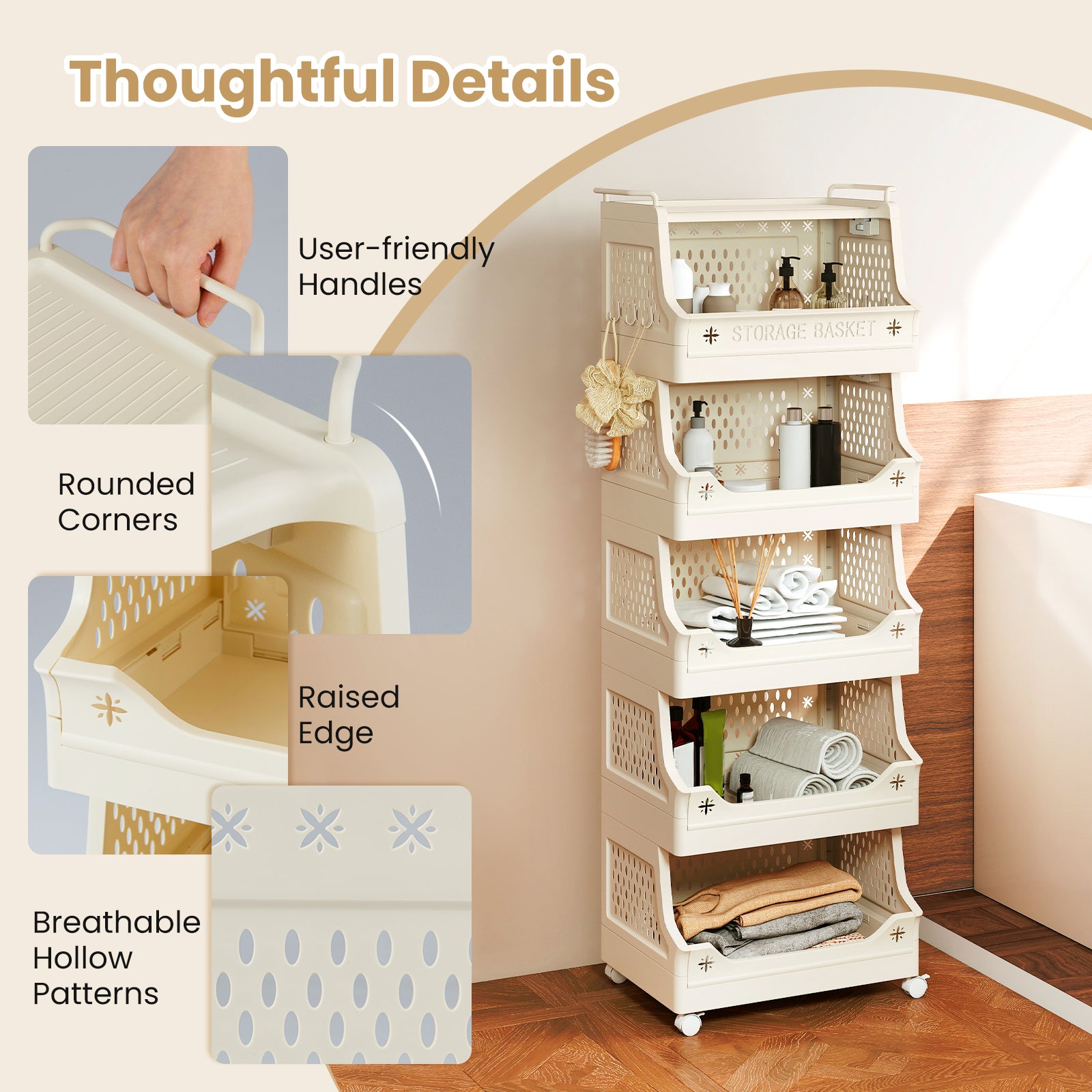 6-Tier Rolling Laundry Basket with Wheels Plastic Storage Cart with Side Hooks, Beige Laundry Baskets at Gallery Canada