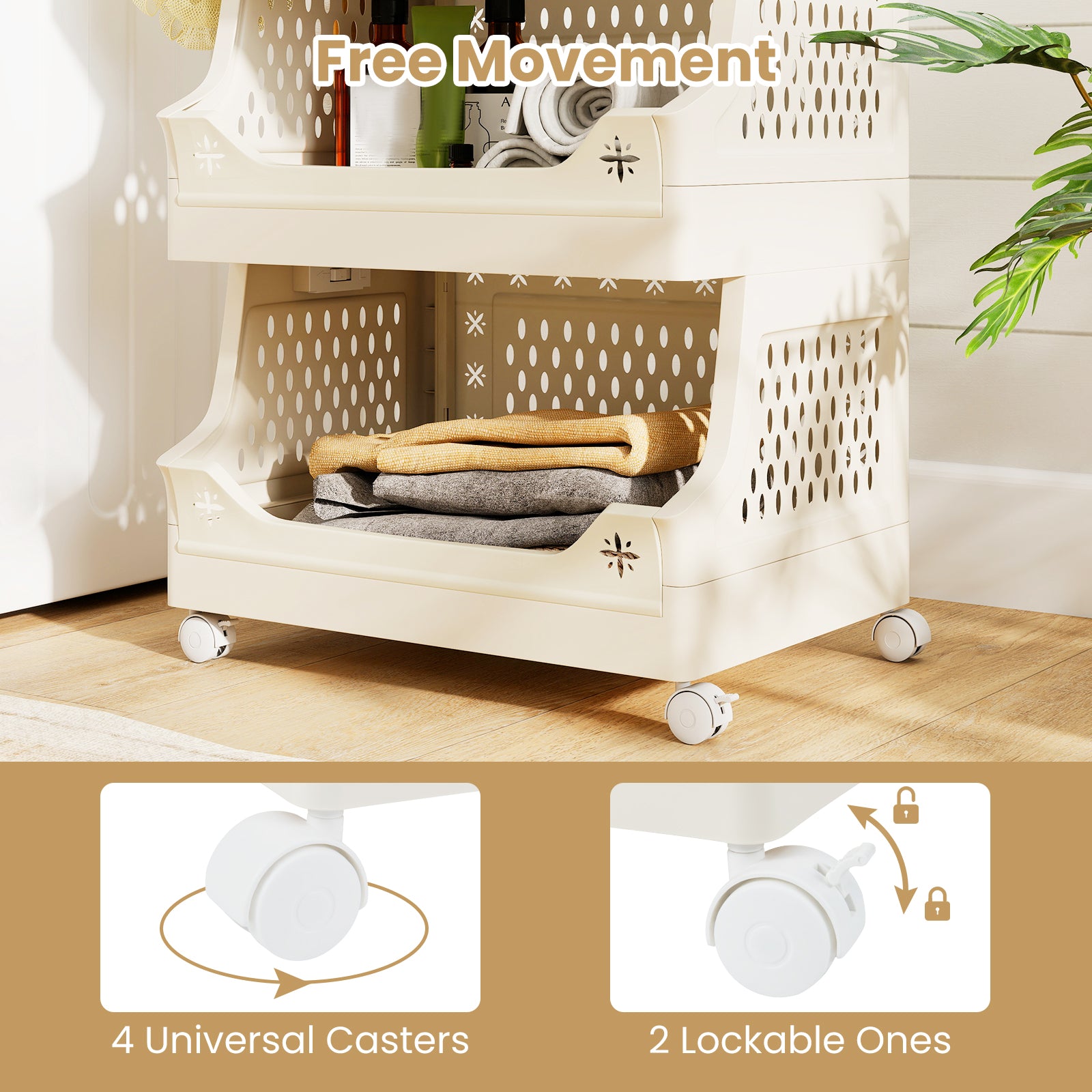 6-Tier Rolling Laundry Basket with Wheels Plastic Storage Cart with Side Hooks, Beige Laundry Baskets at Gallery Canada