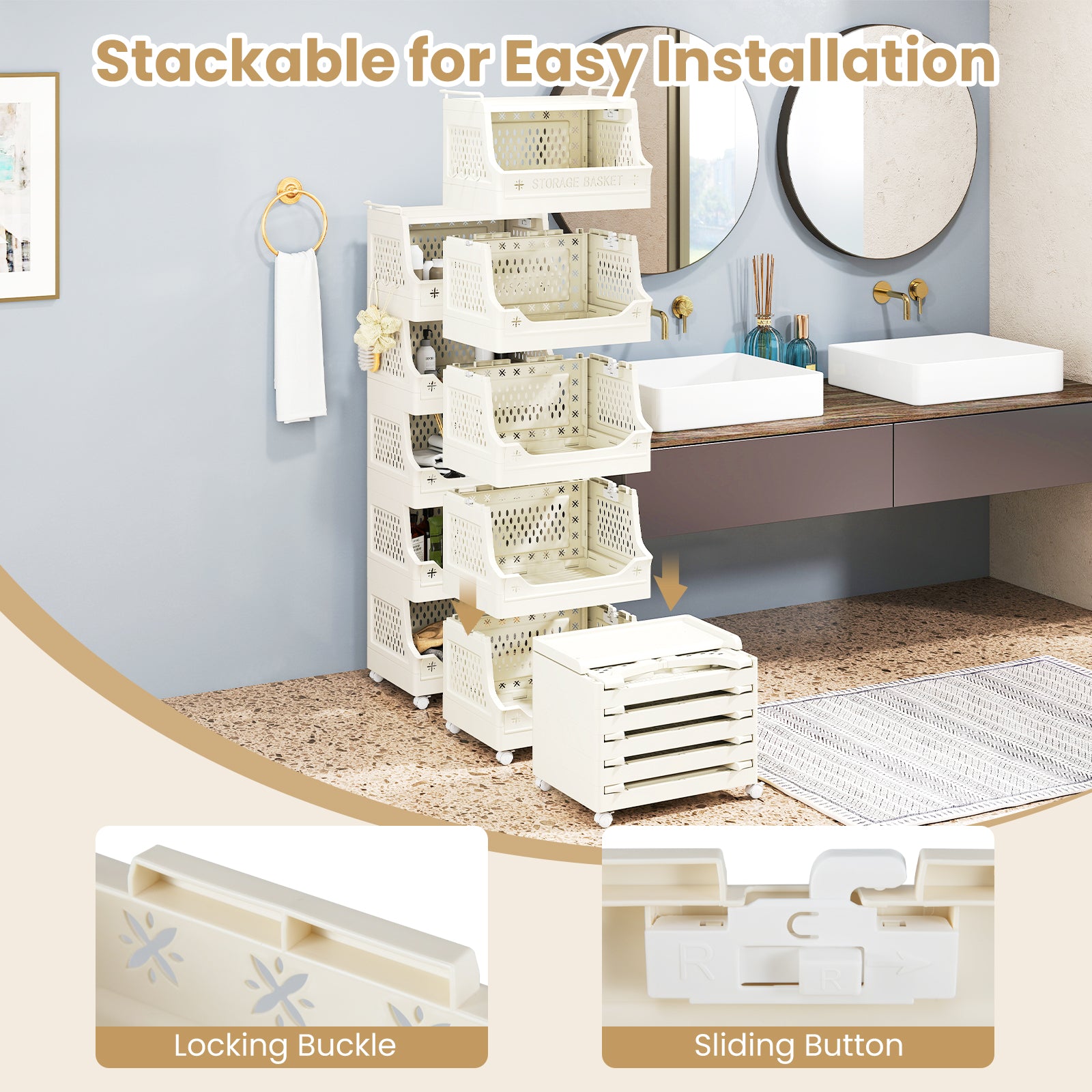 6-Tier Rolling Laundry Basket with Wheels Plastic Storage Cart with Side Hooks, Beige Laundry Baskets at Gallery Canada