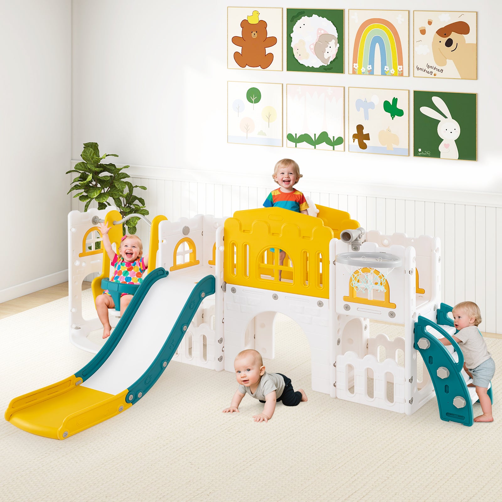 10-in-1 Toddler Swing and Slide Set Climber Playset with Basketball Hoop, Yellow Climbers & Slides at Gallery Canada