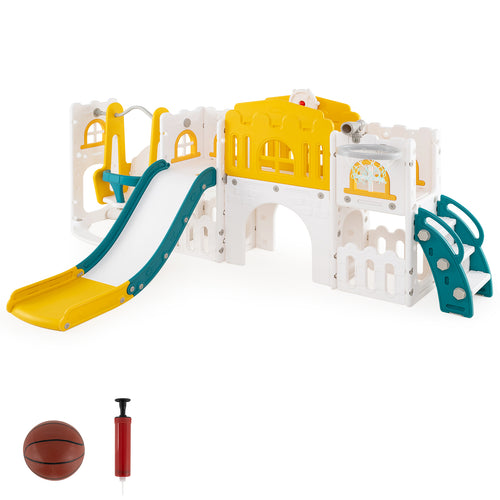 10-in-1 Toddler Swing and Slide Set Climber Playset with Basketball Hoop, Yellow