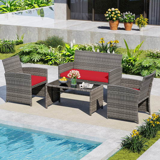 4 Piece Patio Conversation Set Rattan Chair Loveseat and Table Set, Red Patio Conversation Sets Red at Gallery Canada