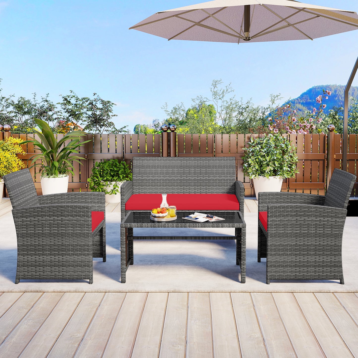 4 Piece Patio Conversation Set Rattan Chair Loveseat and Table Set, Red Patio Conversation Sets at Gallery Canada