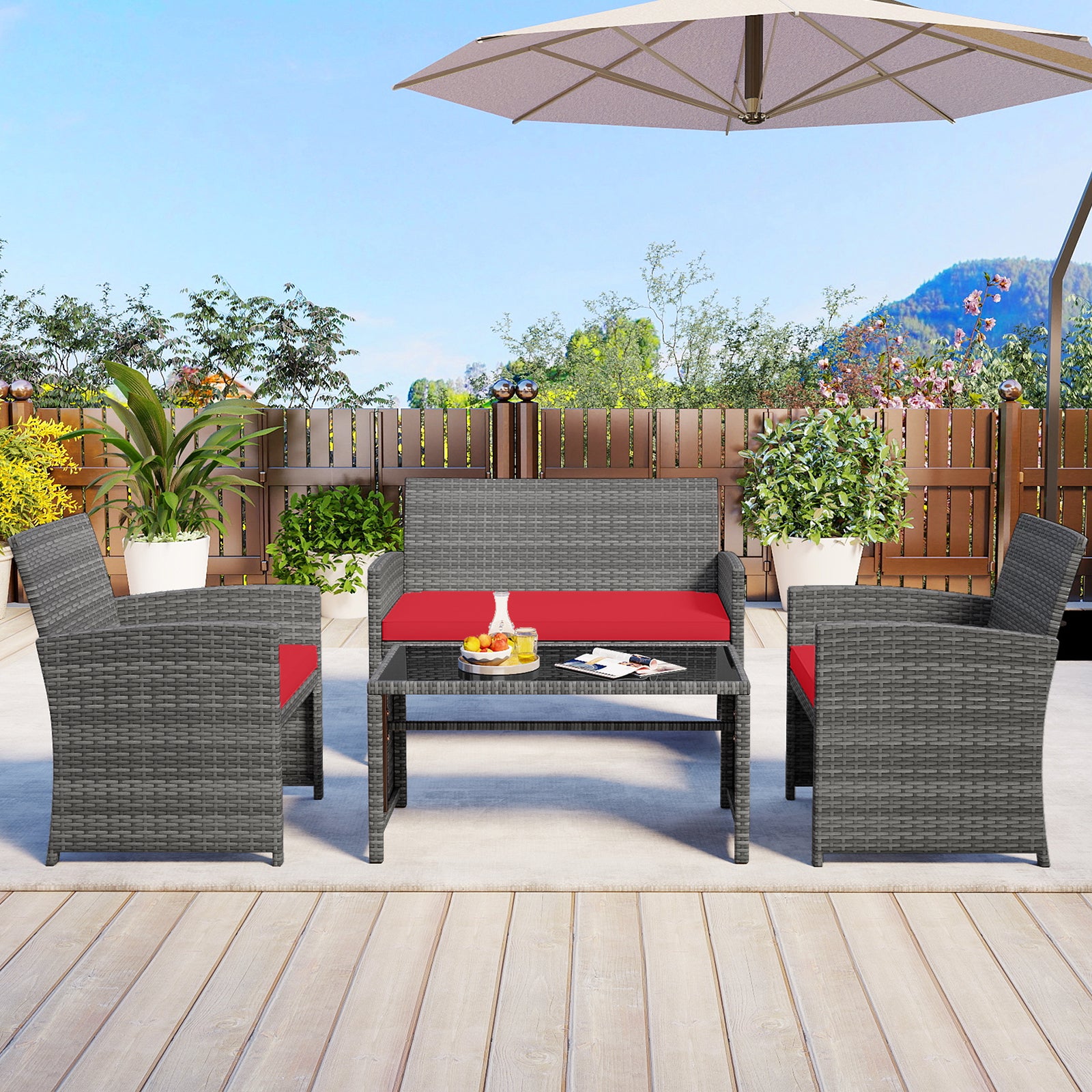 4 Piece Patio Conversation Set Rattan Chair Loveseat and Table Set, Red Patio Conversation Sets at Gallery Canada
