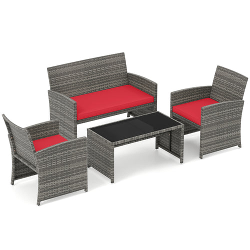 4 Piece Patio Conversation Set, Rattan Chair Loveseat Table, Red