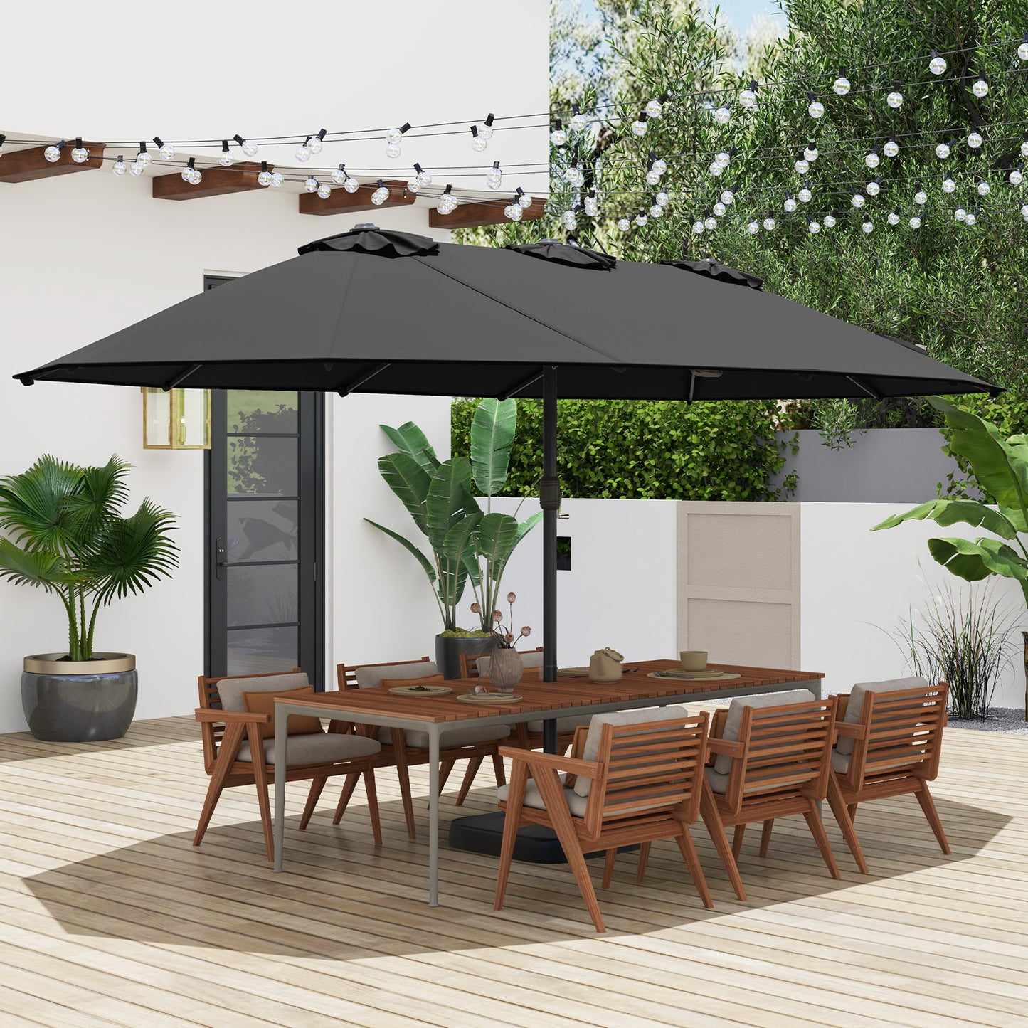15 Feet Double-Sided Twin Patio Umbrella with Crank and Base, Black Outdoor Umbrellas at Gallery Canada