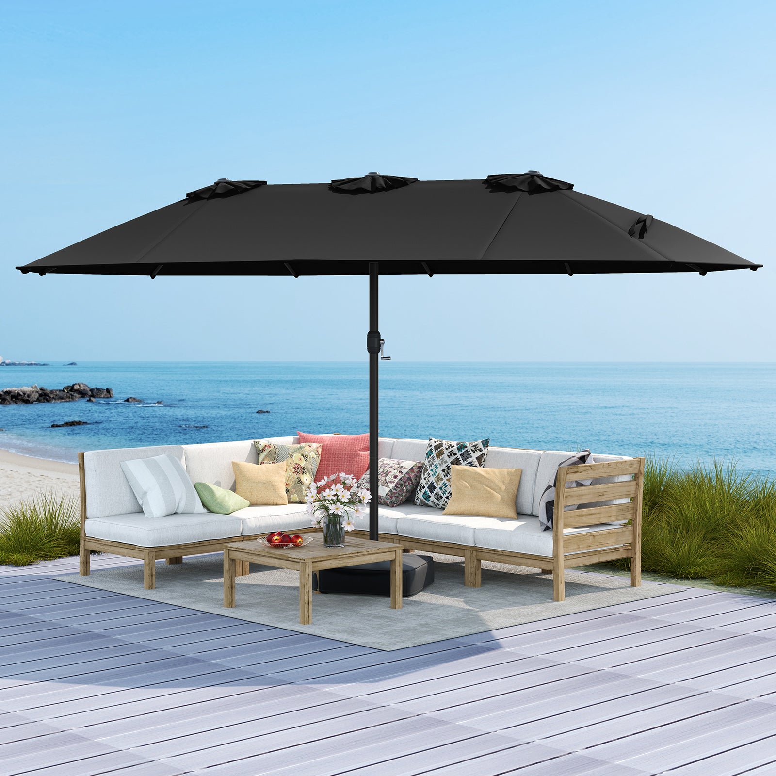 15 Feet Double-Sided Twin Patio Umbrella with Crank and Base, Black Outdoor Umbrellas at Gallery Canada
