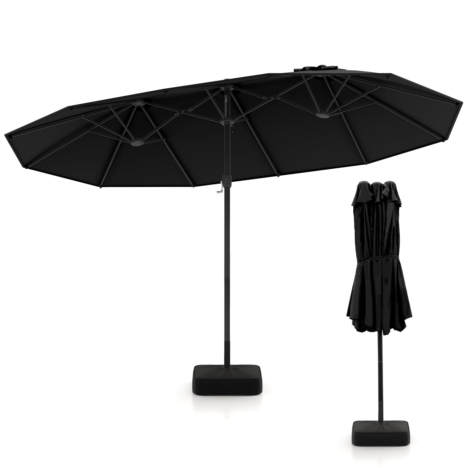 15 Feet Double-Sided Twin Patio Umbrella with Crank and Base, Black Outdoor Umbrellas at Gallery Canada