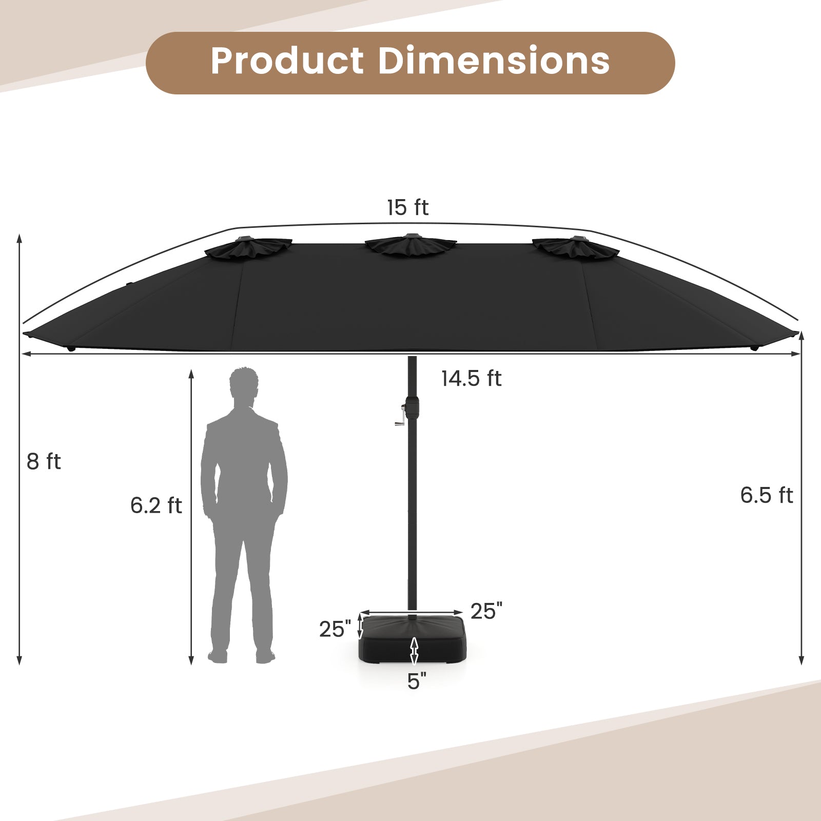 15 Feet Double-Sided Twin Patio Umbrella with Crank and Base, Black Outdoor Umbrellas at Gallery Canada