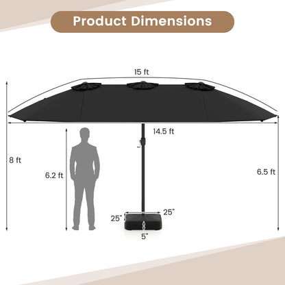 15 Feet Double-Sided Twin Patio Umbrella with Crank and Base, Black Outdoor Umbrellas at Gallery Canada