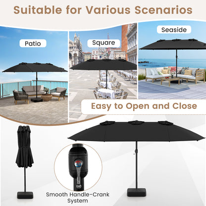 15 Feet Double-Sided Twin Patio Umbrella with Crank and Base, Black Outdoor Umbrellas at Gallery Canada
