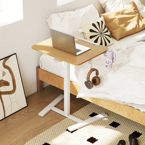 Foldable Mobile Standing Desk Rolling Laptop Desk with Hook and Cup Holder, Natural