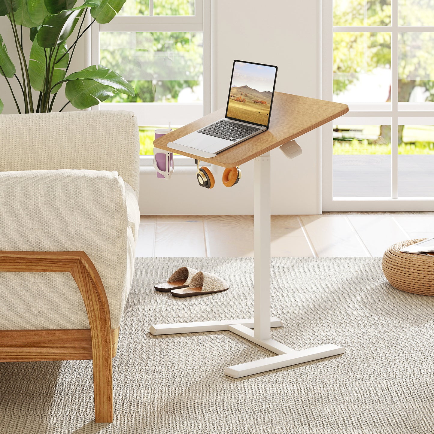 Foldable Mobile Standing Desk Rolling Laptop Desk with Hook and Cup Holder, Natural Computer Desks at Gallery Canada