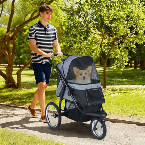 3-Wheel Pet Stroller for Small and Medium Dogs Foldable Cat Stroller Jogger, Gray
