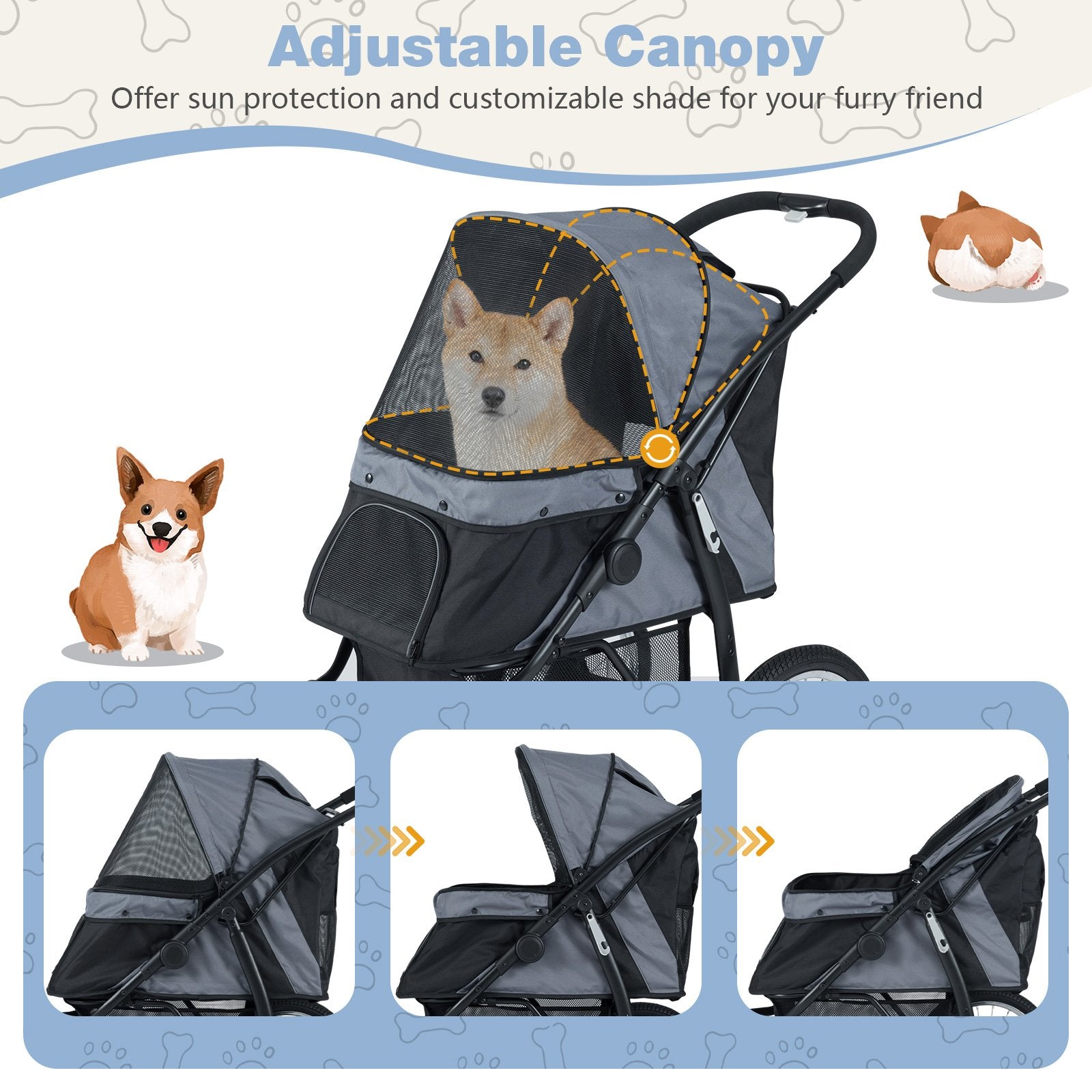 3-Wheel Pet Stroller for Small and Medium Dogs Foldable Cat Stroller Jogger, Gray Dog Supplies at Gallery Canada