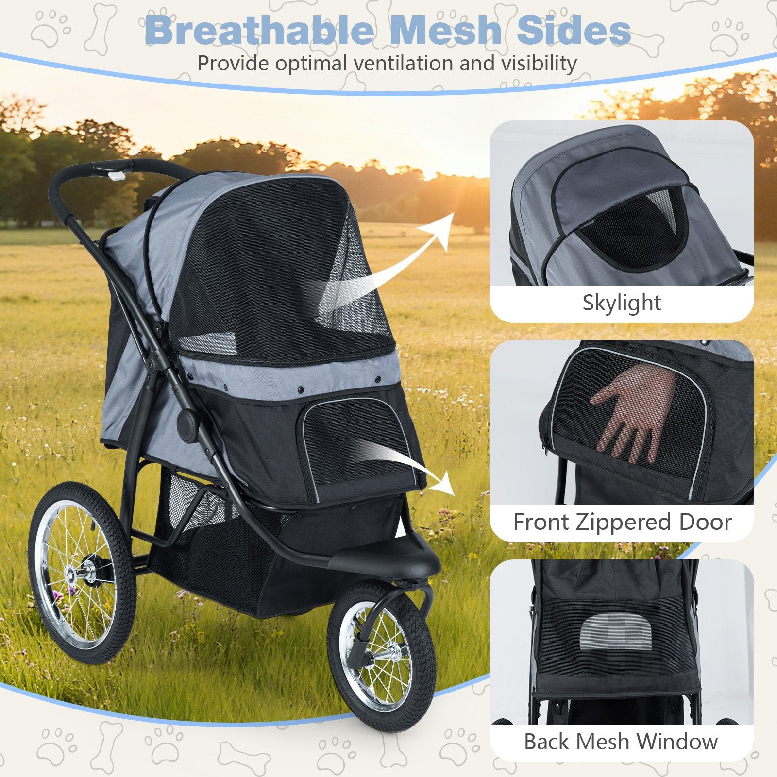 3-Wheel Pet Stroller for Small and Medium Dogs Foldable Cat Stroller Jogger, Gray Dog Supplies at Gallery Canada