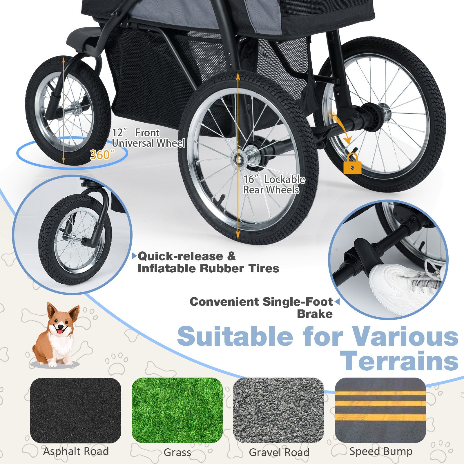 3-Wheel Pet Stroller for Small and Medium Dogs Foldable Cat Stroller Jogger, Gray Dog Supplies at Gallery Canada