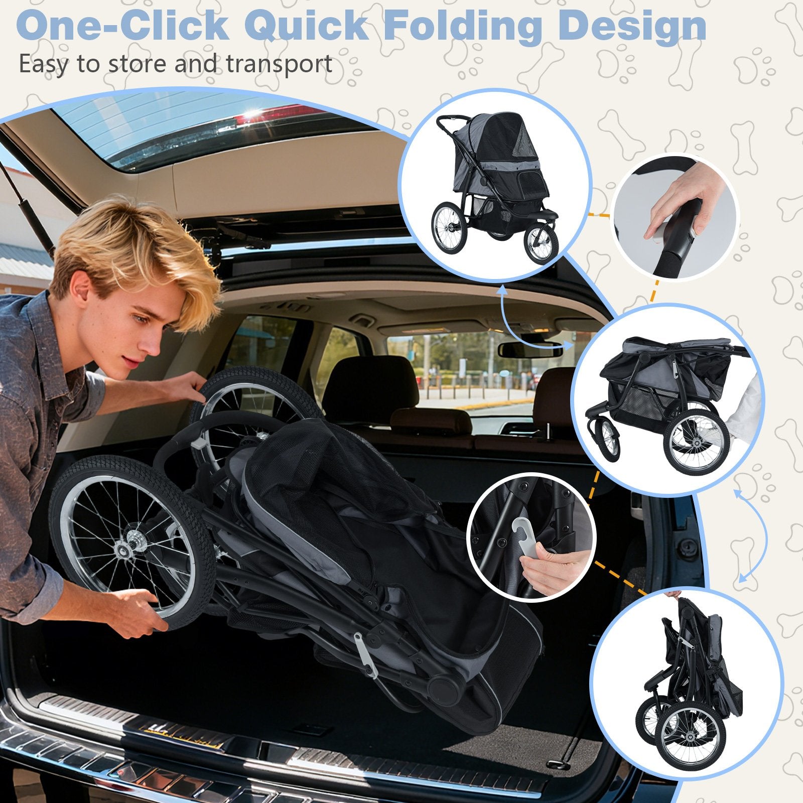 3-Wheel Pet Stroller for Small and Medium Dogs Foldable Cat Stroller Jogger, Gray Dog Supplies at Gallery Canada