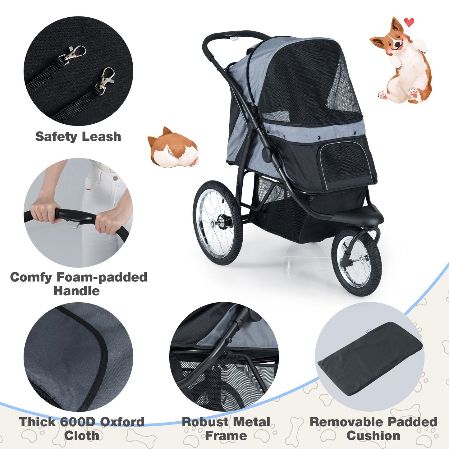 3-Wheel Pet Stroller for Small and Medium Dogs Foldable Cat Stroller Jogger, Gray Dog Supplies at Gallery Canada
