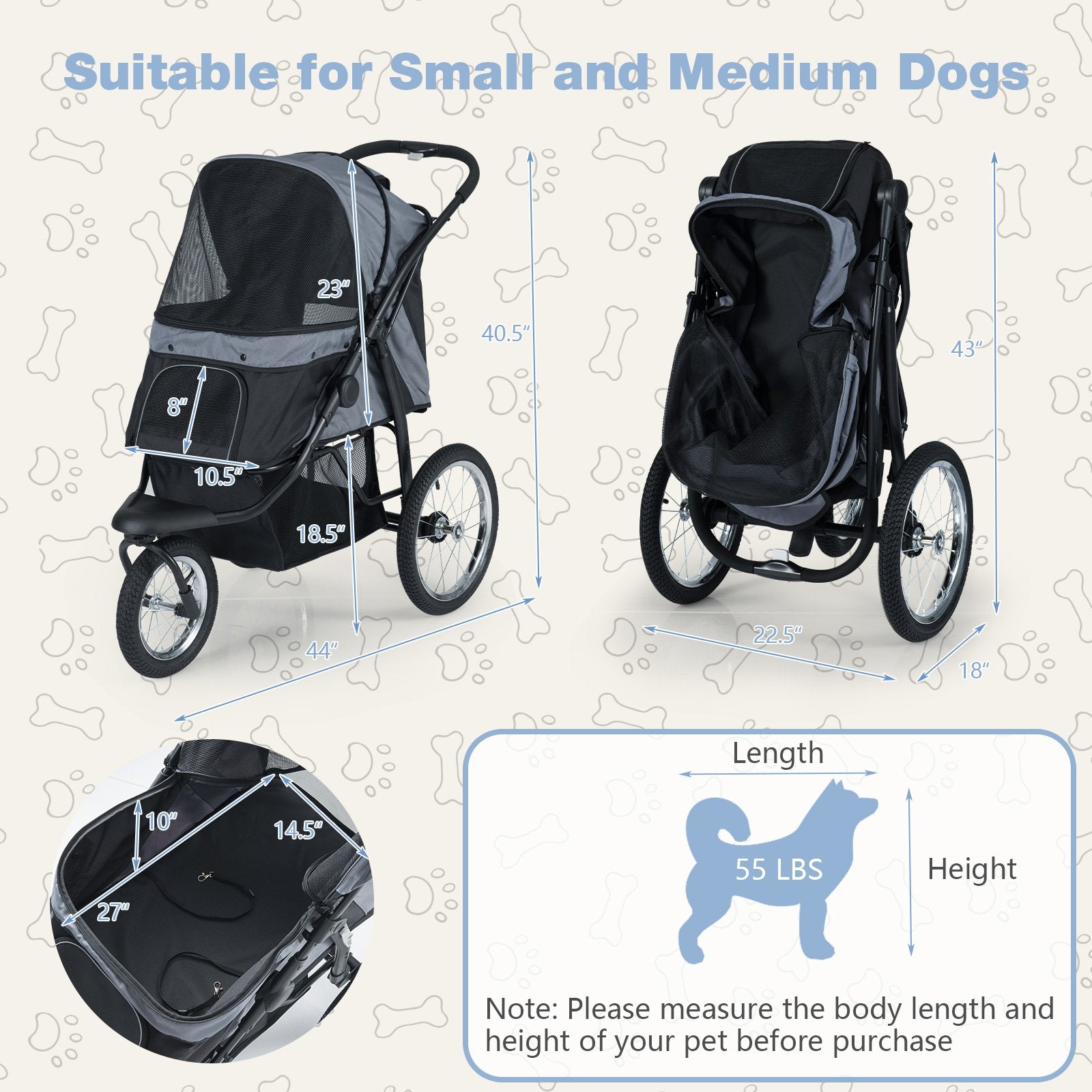 3-Wheel Pet Stroller for Small and Medium Dogs Foldable Cat Stroller Jogger, Gray Dog Supplies at Gallery Canada