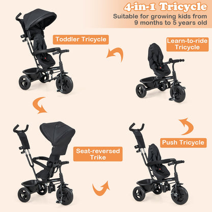 4-in-1 Baby Trike Kids Tricycle with Removable Canopy and Adjustable Push Handle-Grey, Gray Baby Strollers at Gallery Canada