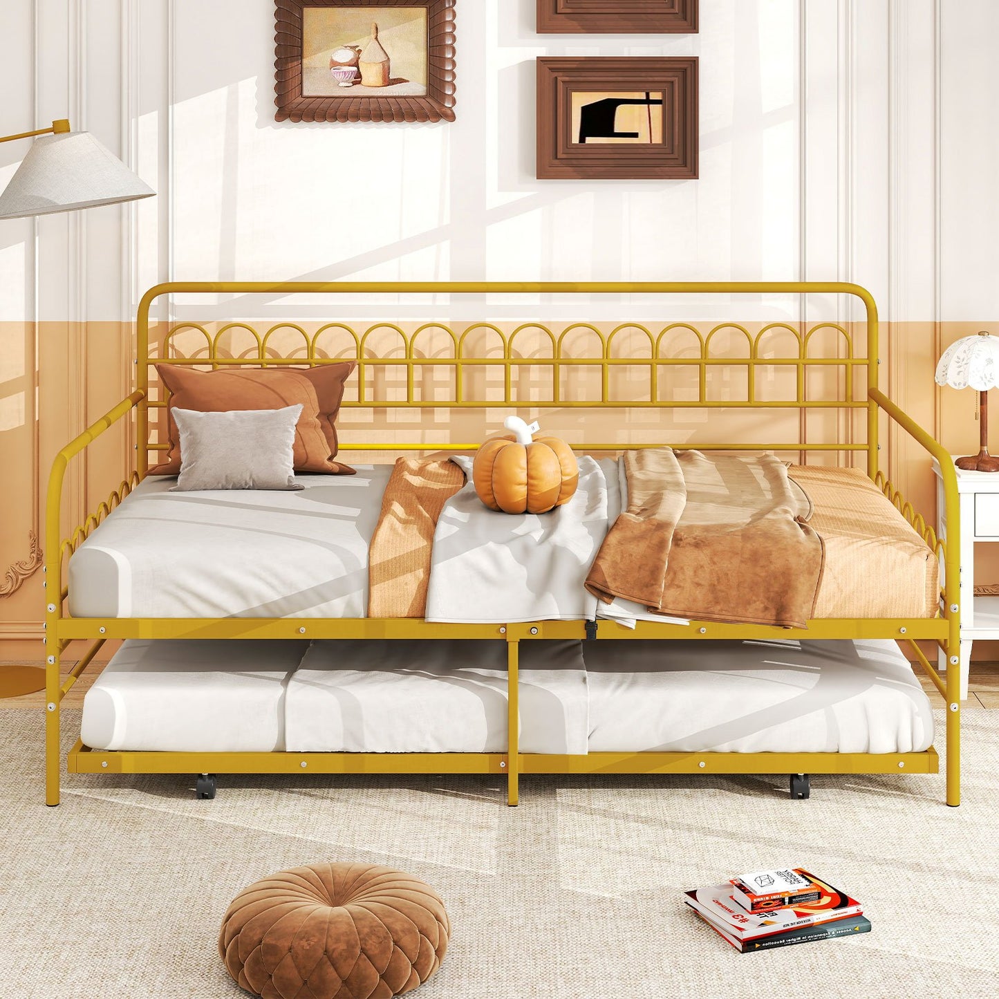 Twin Daybed with Curved Backrest and Armrests, Gold Trundle Bed Frame at Gallery Canada