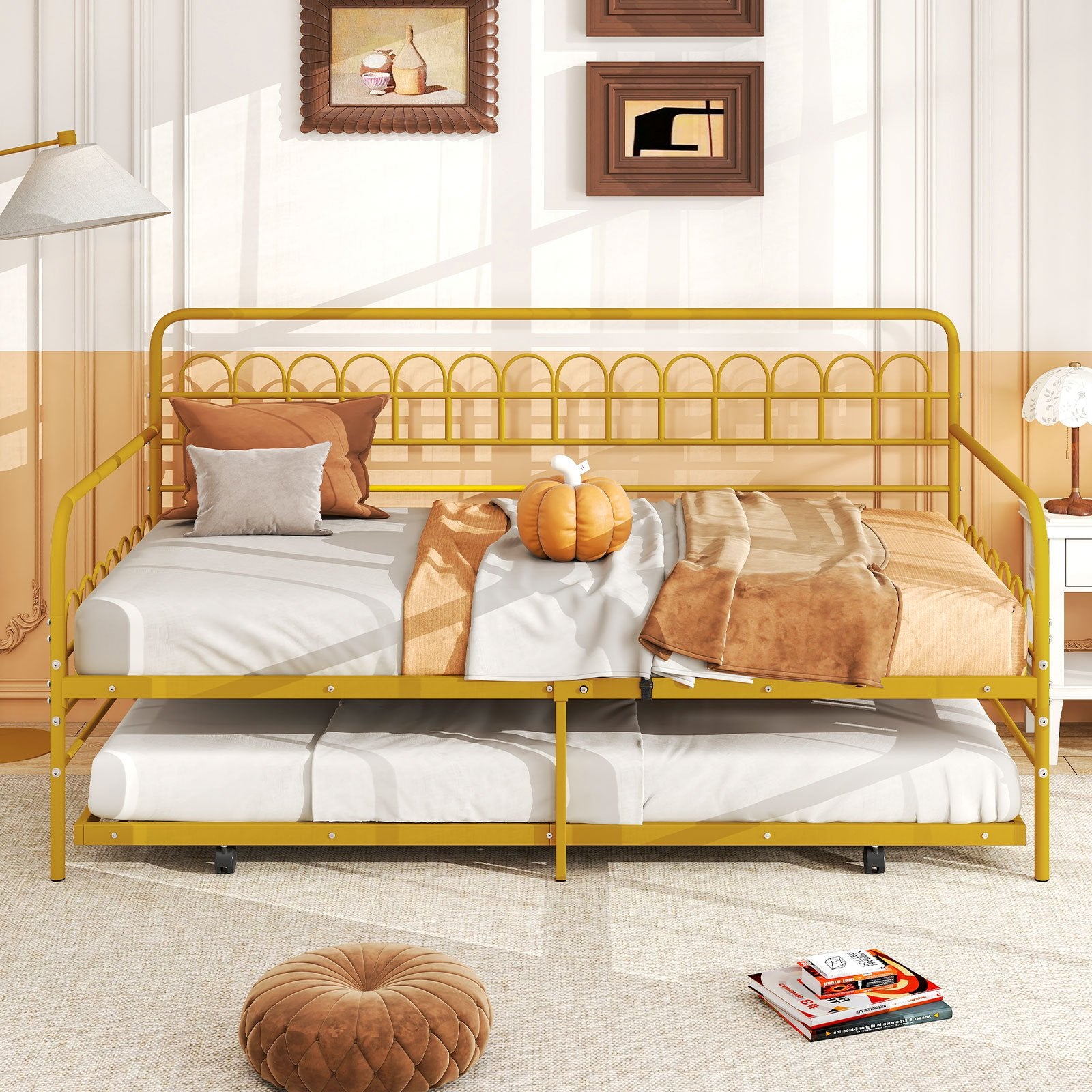 Twin Daybed with Curved Backrest and Armrests, Gold Trundle Bed Frame at Gallery Canada