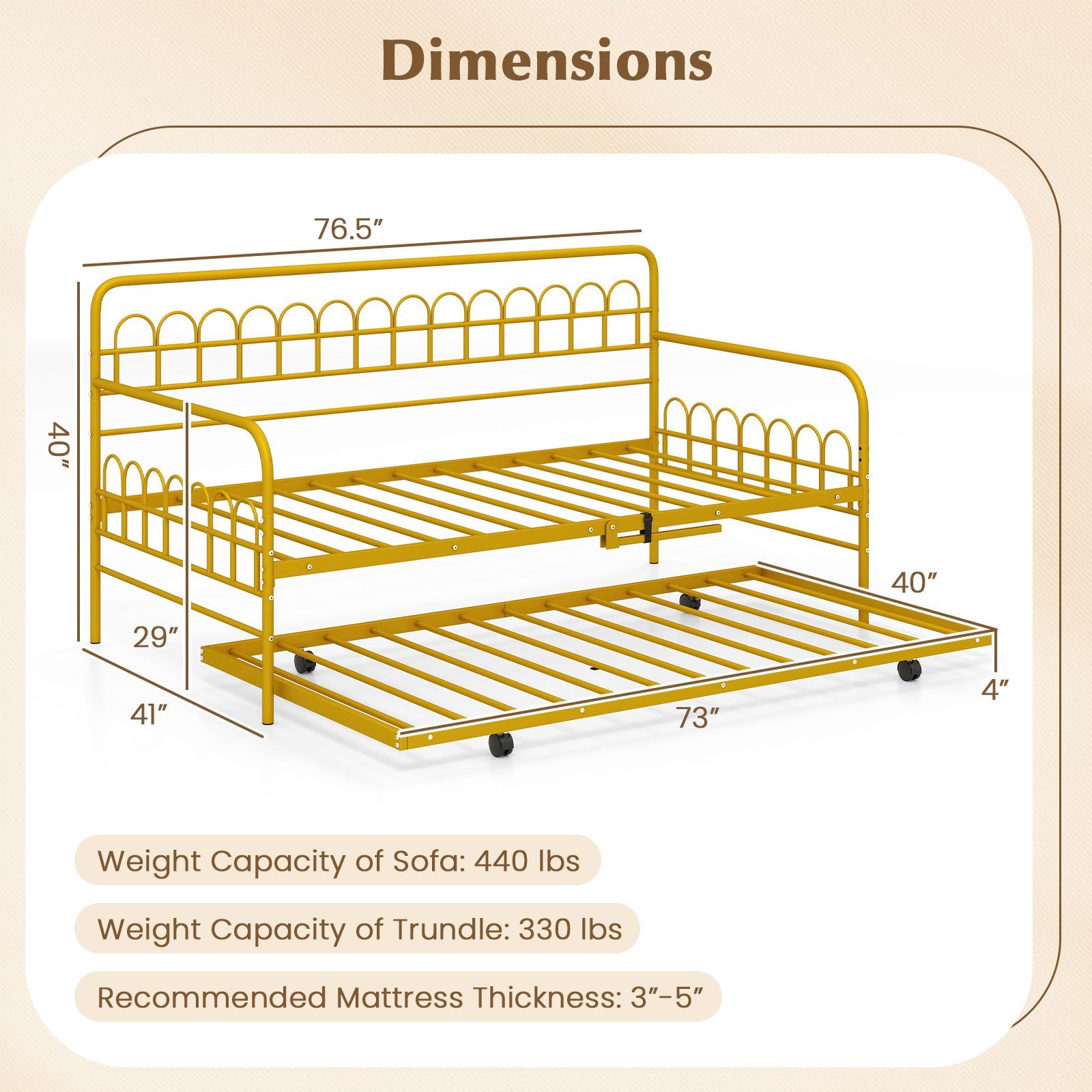 Twin Daybed with Curved Backrest and Armrests, Gold Trundle Bed Frame at Gallery Canada