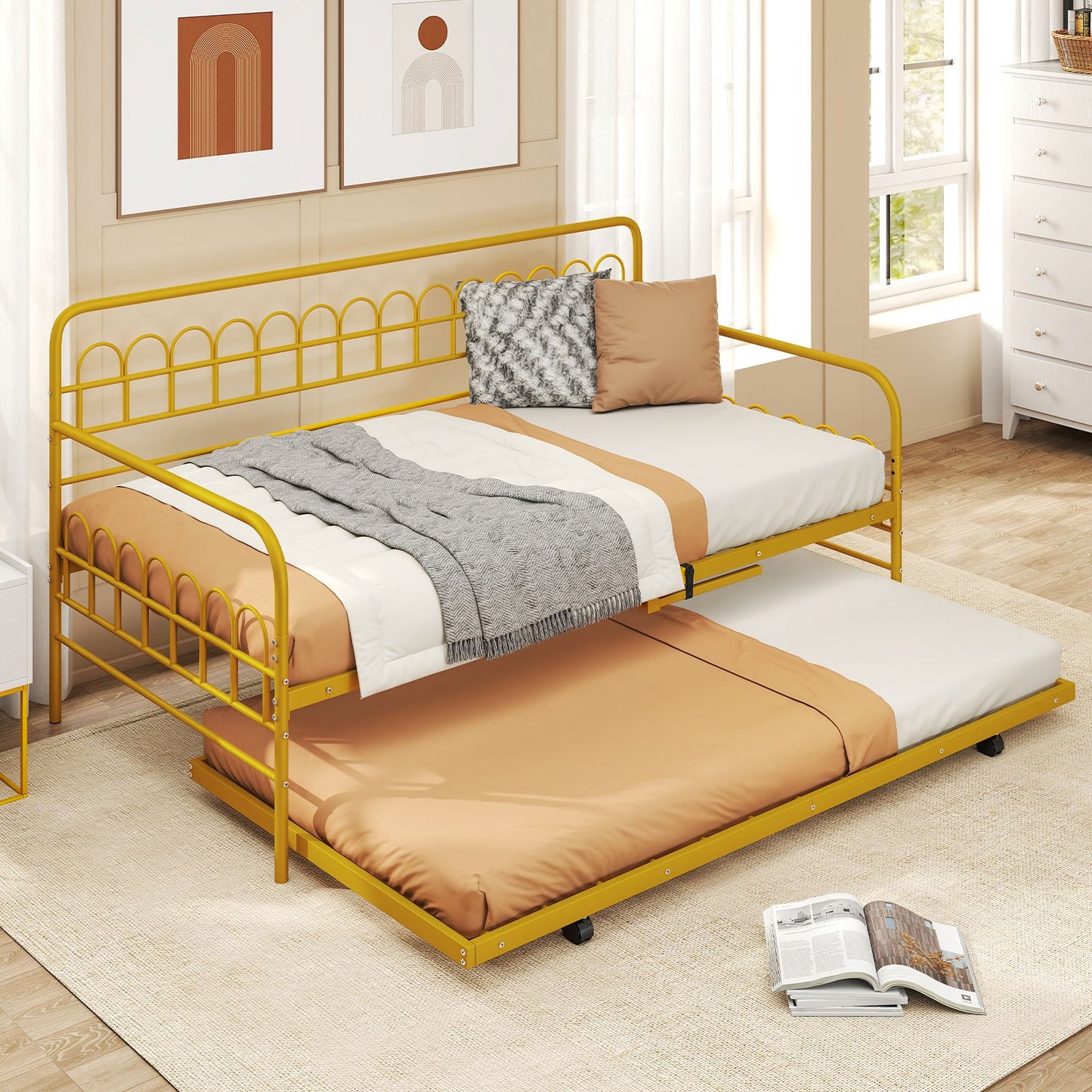 Twin Daybed with Curved Backrest and Armrests, Gold Trundle Bed Frame at Gallery Canada