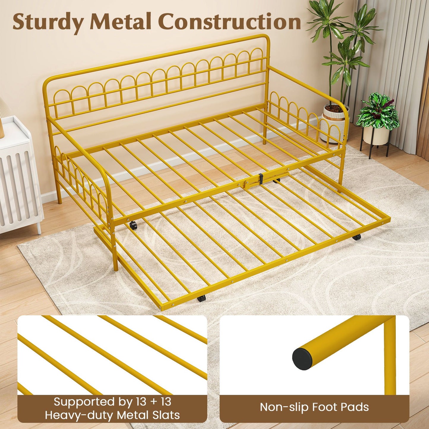 Twin Daybed with Curved Backrest and Armrests, Gold Trundle Bed Frame at Gallery Canada