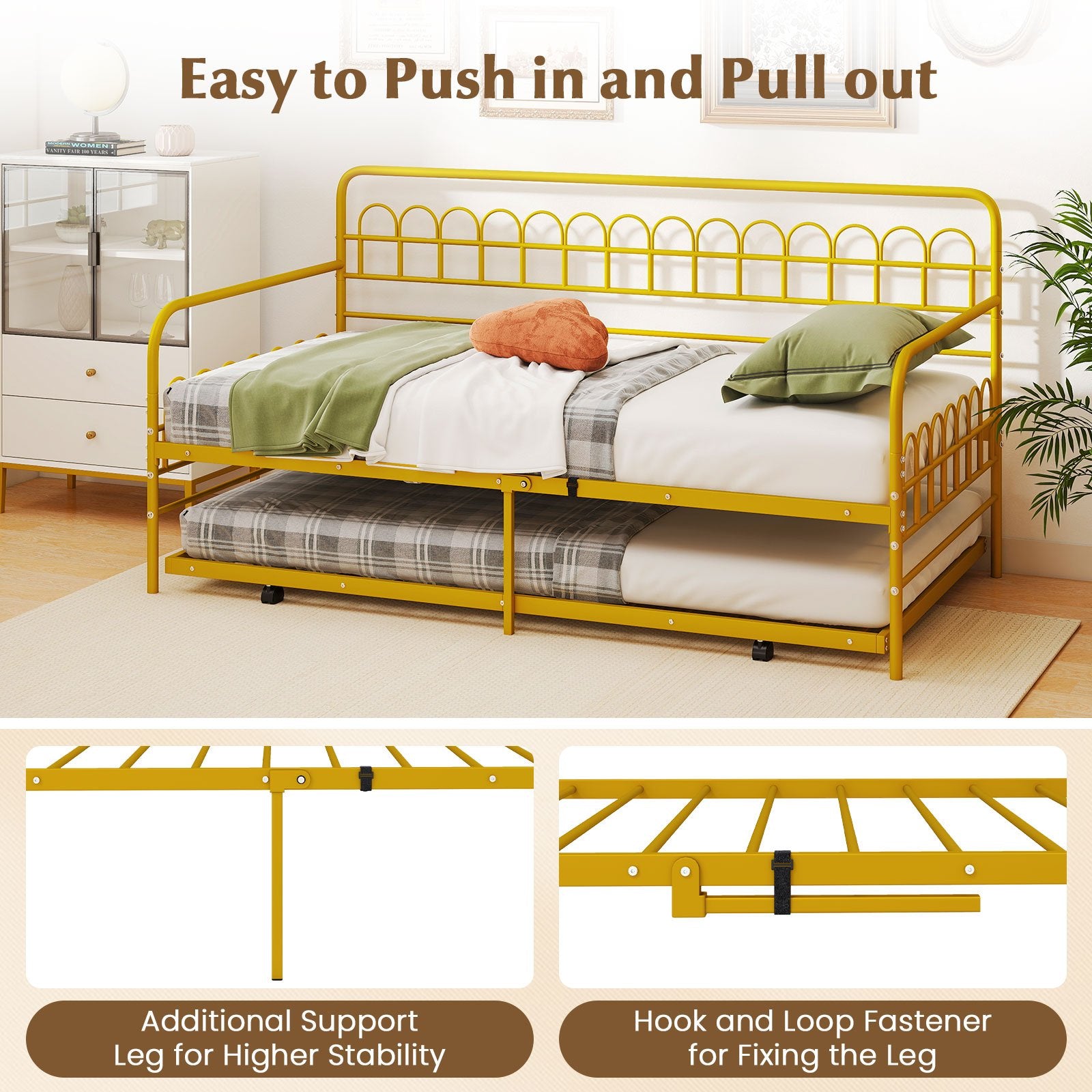 Twin Daybed with Curved Backrest and Armrests, Gold Trundle Bed Frame at Gallery Canada