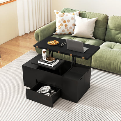 3-in-1 Expandable Lift Top Coffee Table with 4 Storage Stools and Hidden Compartment for 4-8 People, Black