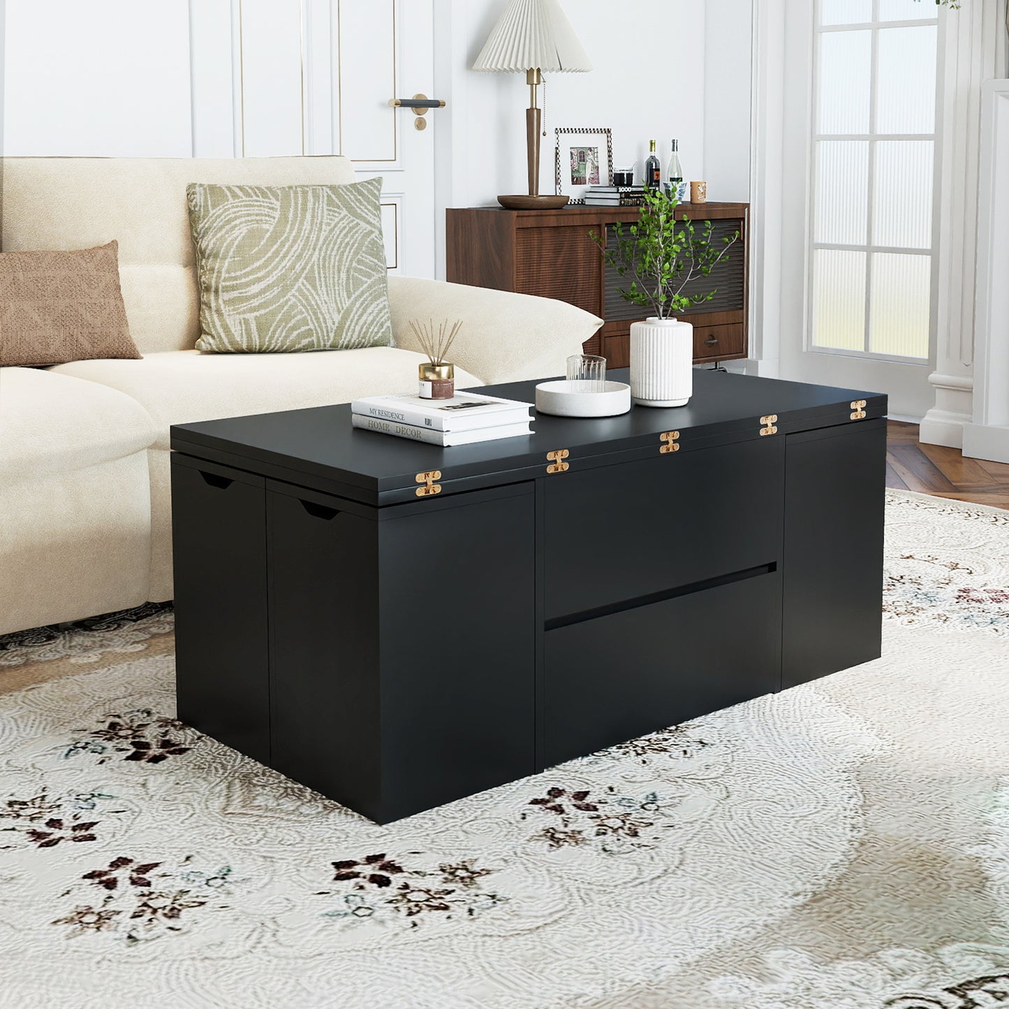 3-in-1 Expandable Lift Top Coffee Table with 4 Storage Stools and Hidden Compartment for 4-8 People, Black