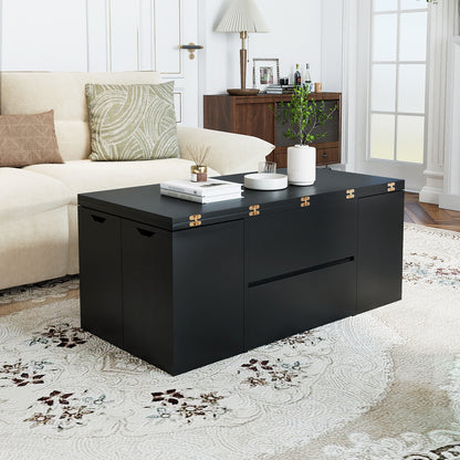 3-in-1 Expandable Lift Top Coffee Table with 4 Storage Stools and Hidden Compartment for 4-8 People, Black