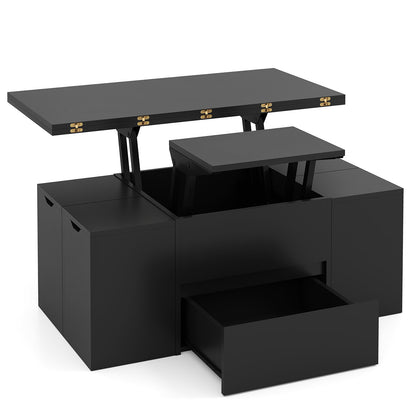 3-in-1 Expandable Lift Top Coffee Table with 4 Storage Stools and Hidden Compartment for 4-8 People, Black Coffee Tables Black at Gallery Canada