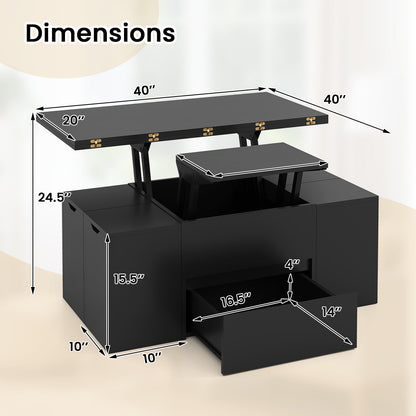 3-in-1 Expandable Lift Top Coffee Table with 4 Storage Stools and Hidden Compartment for 4-8 People, Black
