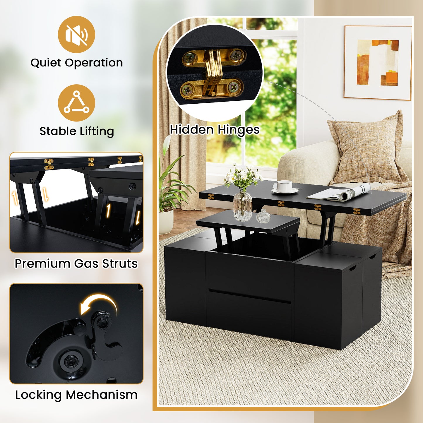 3-in-1 Expandable Lift Top Coffee Table with 4 Storage Stools and Hidden Compartment for 4-8 People, Black