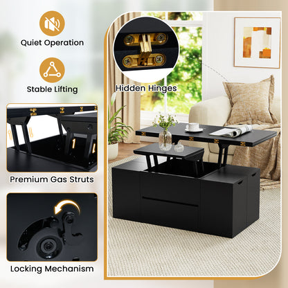 3-in-1 Expandable Lift Top Coffee Table with 4 Storage Stools and Hidden Compartment for 4-8 People, Black