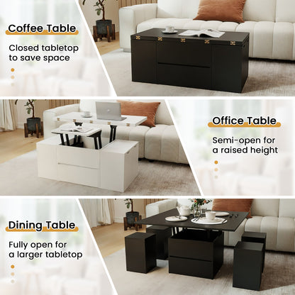 3-in-1 Expandable Lift Top Coffee Table with 4 Storage Stools and Hidden Compartment for 4-8 People, Black