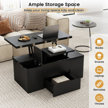 3-in-1 Expandable Lift Top Coffee Table with 4 Storage Stools and Hidden Compartment for 4-8 People, Black
